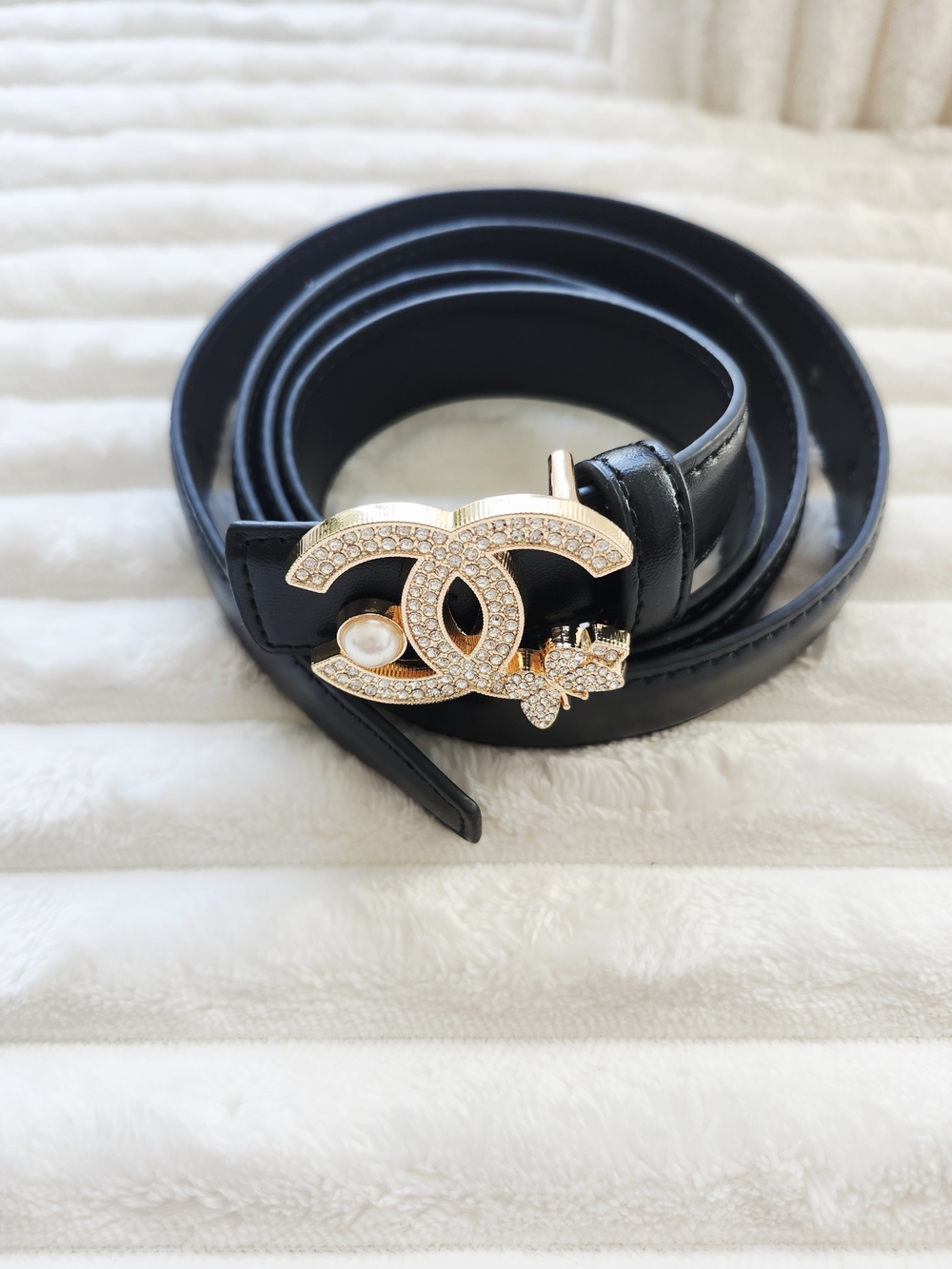 Crystal Rhinestone Pave Buckle Belt Pearl Butterfly Accent Black